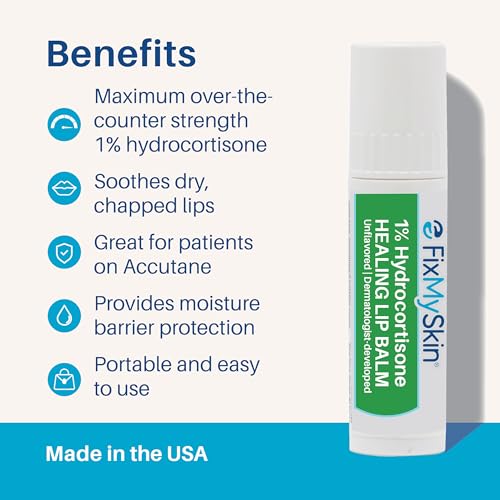 FixMySkin 1% Hydrocortisone Healing Lip Balm, Unflavored ? Soothes Dry, Cracked & Irritated Lips, Relieves Chapped Lips, Cold Sores & Eczema, Dermatologist Developed, Travel-Friendly Tube, 0.15 oz