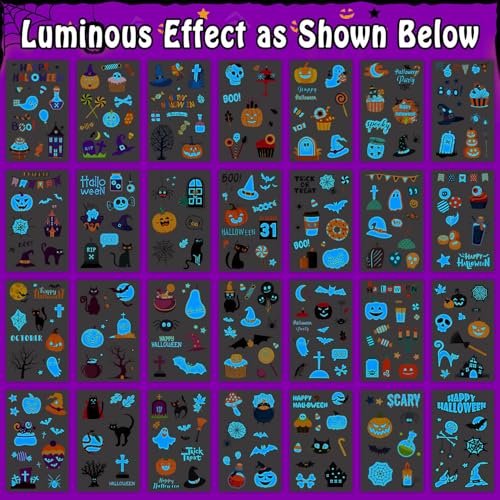 Partywind 56 Sheets Luminous Blue Halloween Tattoos for Kids Party, 520 Styles Halloween Party Supplies Favors Decorations for Boys and Girls Treats, Goodie Bag Stuffers for Trick or Treat Party