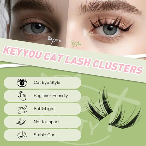 KEYYOU Bunny Lash Clusters Kit Anime Cat Lash Clusters 72pcs Wispy Natural Cat style Lash Extension Kit with Bond and Seal,Applicators,Remover for Manga DIY Eyelash Extension Kit at Home£¨MC03£©