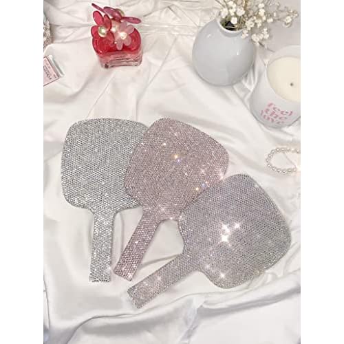 TISHAA Bling Handheld Makeup Mirror ? Sparkly Crystal Rhinestone Compact Mirror for Women, Cute Portable Vanity Mirror for Travel, Purse, Gift for Her (White AB)