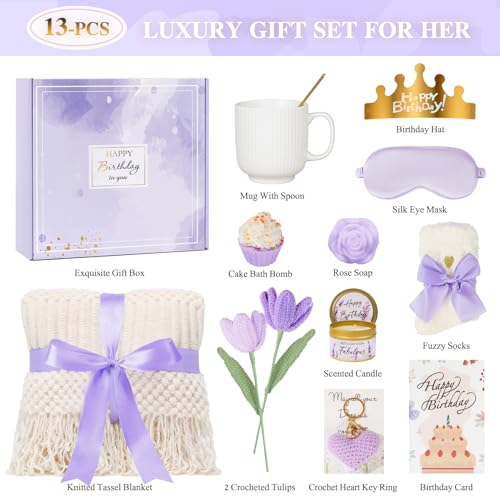 Birthday Gifts for Women - 13PCS Unique Happy Birthday Gifts Basket for Mom Her Best Friend Sister Wife Girlfriend Coworker - Relaxing Spa Self Care Package Valentines Day Gifts Set (Lavender)