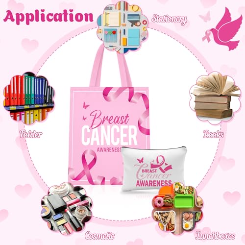 Blosssound 12 Pcs Breast Cancer Awareness Gift Bulk Tote Bags and Cosmetic Pouches Set Pink Ribbon Canvas Reusable Bags for Survivor Gifts Fundraiser Giveaways Charity Walks Awareness Events
