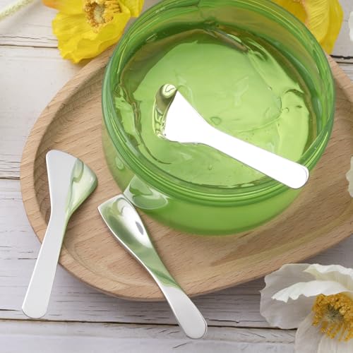2pcs Mini Metal Makeup Spatula, Reusable Cosmetic Cream Spatulas Spoon, Skincare Scoop Applicator Facial Massage Beauty Tools for Mixing and Sampling Face Eye Cream- Silver