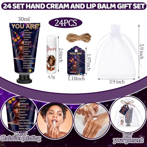 24 Sets Christian Hand Cream and Lip Balm Gift Set Christian Gift for Women Travel Size Hand Lotion Bible Verse Lip Balm Bulk for Baby Bridal Shower Mom Black History Month(African American)