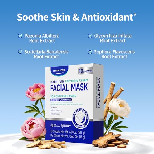 matern'ella Carnosine Cream Facial Mask with Pro-Xylane & Peptides, Anti-Aging, Plant Extract Based, 3D Contoured Face Mask for Wrinkles, Elasticity & Deep Hydration, Paraben & Fragrance Free, 4 pcs