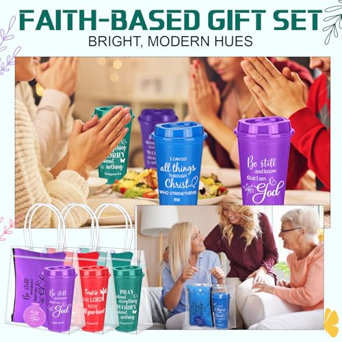Patelai 80 Pcs 20 Sets Christian Gift Bulk for Women Scripture 16 oz Bible Verse Tumblers Makeup Bags Compact Mirrors Clear Gift Bags for Volunteer Ministry Religious Church Easter Party Favors