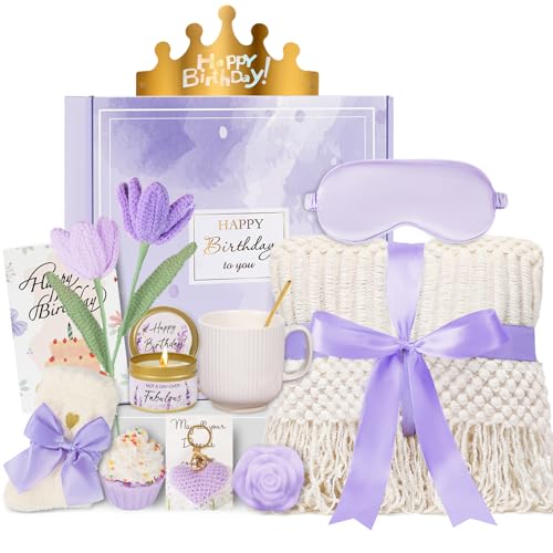 Birthday Gifts for Women - 13PCS Unique Happy Birthday Gifts Basket for Mom Her Best Friend Sister Wife Girlfriend Coworker - Relaxing Spa Self Care Package Valentines Day Gifts Set (Lavender)