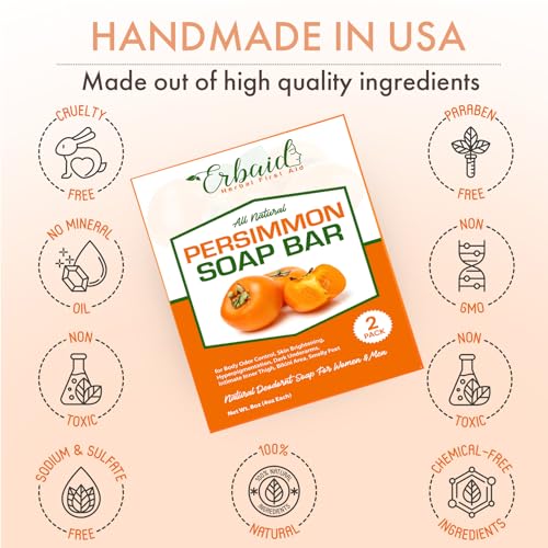 Persimmon Soap Bar for Body Odor Control ? Purifying Deodorizing Body Wash with Japanese Persimmon & Green Tea Extract for Eliminating Body Odor ? Deodorant Soap for Skin Brightening (2 Pack)