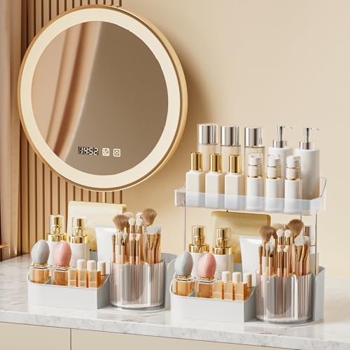 DASITON Large Capacity Makeup Organizer with 360¡Æ Rotating Makeup Brush Holder, Perfume and Skincare Storage Organizers for Vanity Bathroom Countertop, Cosmetic Display Case (White, 1 Tier)