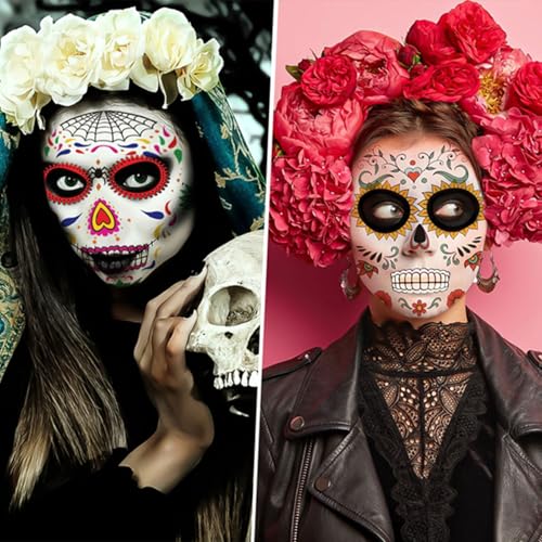 COKOHAPPY Halloween Temporary Face Tattoos Makeup Kit (13 Pack), Day of the Dead Sugar Skull Floral Black Skeleton Web Red Roses Full Face Mask Stickers Tattoo Families Party Supplies