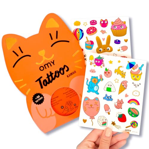 Omy Kawaii Temporary Tattoos for Kids - 50 Cute & Colorful Designs | Safe, Long-Lasting & Easy to Apply | Age 3 and Up