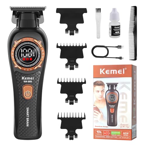 KEMEI 999 Professional Hair Clipper for Men, Cordless Electric Beard Trimmer Men, Zero Gapped T-Blade Hair Trimmer with LCD Display and 3 Guide Combs
