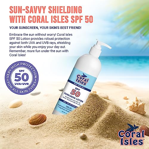 Coral Isles Sunscreen SPF 50 | Hawaii Compliant as Reef Safe | Octinoxate & Oxybenzone Free | Broad Spectrum UVA/UVB Protection | Water Resistant 80 Min. | Fragrance Free | 16 Fl Oz (Pack of 1))