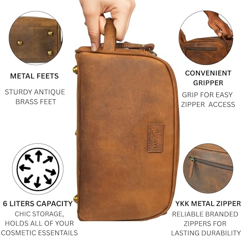 Rasavi Genuine Leather Travel Toiletry Bag, Handcrafted Vintage Water-Resistance Dopp Kit, Large Shaving & Bathroom Organizer - Gift for Men & Women - Distressed Brown