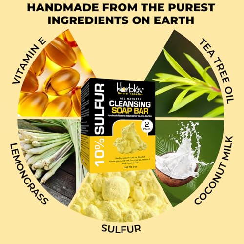 Cleansing 10% Sulfur Soap Bar for Face & Body ? Natural Shine Control Facial Cleanser for Acne, Oily Skin ? Made in USA Healing Skincare Wash with Lemongrass, Tea Tree Oil, Vitamin E, Coconut Milk