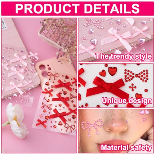 2 Sheets Bow Heart Face Gems Stickers, Bling Self-Adhesive Face Jewels for Women, Mini Rhinestones Makeup Stickers for Wedding Dating Festivals Paties- Pink