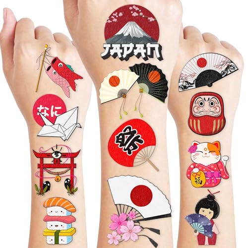 96PCS Japanese Temporary Tattoos Themed Japan Birthday Party Decorations Decor Supplies Favors Sushi Lattern Tattoo Stickers Gifts For Boys Girls Kids School Prizes Carnival Winter Xmas Chritsmas