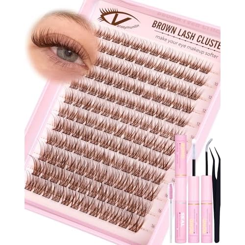 Natural Brown Lash Clusters Kit Wispy Eyelashes Clusters Kit C Curl Cluster Eyelash Extensions 10-16mm Cluster Lashes DIY Eyelash Clusters Waterproof Individual Lashes Extension Kit with Brush