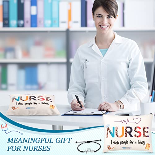Yinkin 32 Pcs Nurse Appreciation Gift 2026 for Nurse Week 16 Canvas Makeup Cosmetic Bags Survival Kit and 16 Blessing Card Bracelets, Christmas Medical Staff Practitioner Gift for Women(Retro)