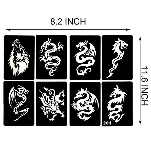 4 Sheets Temporary Tattoo Stencils, 32pcs Animal Patterns Henna Tattoo Stencil Kit Temporary Glitter Airbrush Tattoo Stencils Arabian Tattoo Stickers for Face Body Paint Art