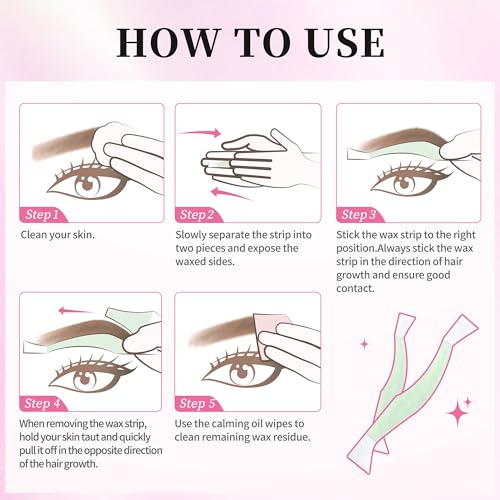 Beauty7 Fit Eyebrow Wax Strips Plus Volum, Pre-cut Facial Hair Removal, Lip Hair Removes, at Home Waxing 48 Strips, 6 Calming Oil Wipes, for All Skin Types Women