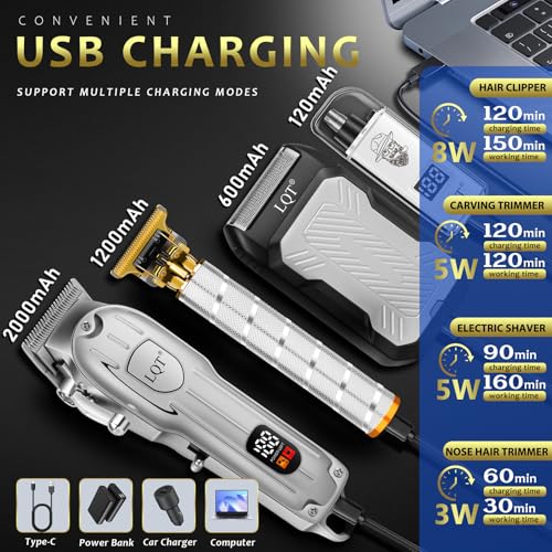 Hair Clippers for Men with LED Display, 4-Piece Cordless Grooming Kit with Hair Clipper, Beard Trimmer, Foil Shaver & Nose Trimmer, Complete Set for Home Barber