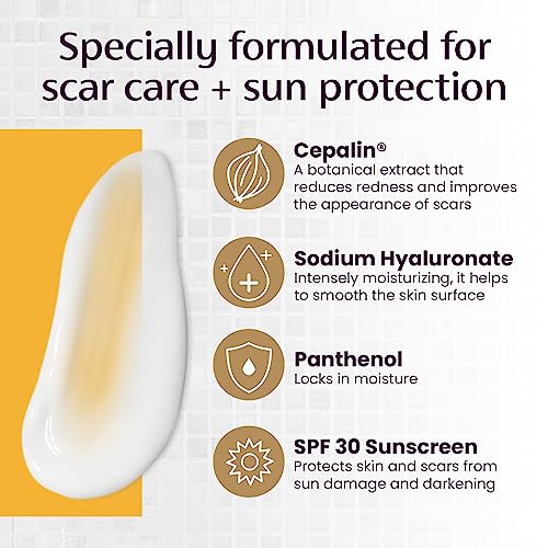 Mederma Scar Cream Plus SPF 30 Sunscreen, 0.7oz and Silicone Scar Sheets, Improves Old and New Scars, 4 Count