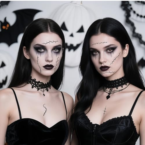 Halloween Stitches Tattoo Stickers Fake Scars Temporary Tattoos Black Horror Cosplay Accessories for Adult Kids Girls Gifts Halloween Party Decor 8sheets
