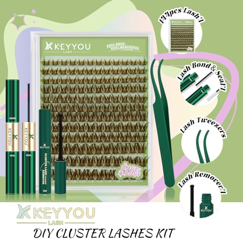 KEYYOU LASH Extension Kit 144Pcs Angel Lash Clusters Kit Thick Eyelash Extension Kit with Glue and Seal,Tweezers,Remover for DIY lash extension kit at Home£¨Kit-Angel A06-D-8-18MIX£©
