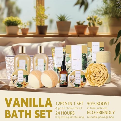 Spa Gift Set,12pcs Vanilla Shower Set, Pamper Gifts for Women, Bath Gift Set with Body Lotion, Bath Bomb, Bubble Bath, Bath Sets for Women Gifts Birthday Gifts, Mothers Day Gifts