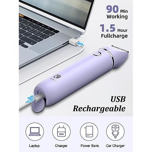 Bikini Trimmer and Shaver Kit for Women - 2-in-1 Wet/Dry Electric Body Hair Trimmer Facial Hair Removal Cordless Waterproof Bikini Shaver Razor for Face Lip Chin Pubic Underarm Legs (Purple)