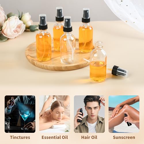 BILLIONSTARS 48 Pack 2oz Glass Boston Round Bottle with Fine Mist Sprayer - Clear - Essential Oils, Bath, Beauty, Hair & Cleaning - Leakproof Travel Bottles