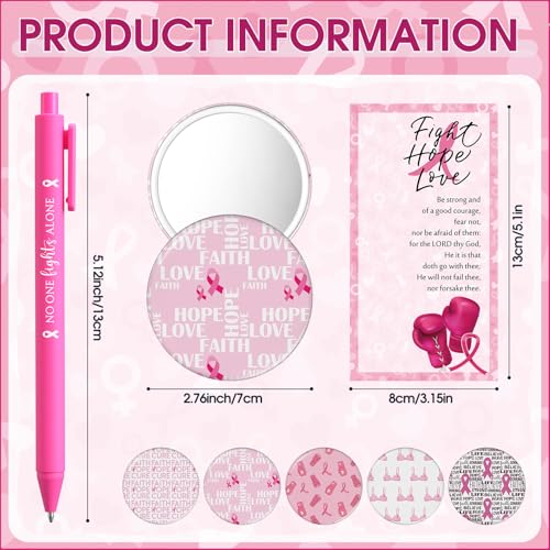 Pinkunn 75 Sets Breast Cancer Awareness Accessories Bulk Breast Cancer Gift for Women Compact Mirrors with Pink Ribbon Boxing Glove Design, Ballpoint Pens, Motivational Cards Charity Party Favors