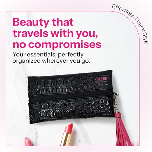Makeup Junkie Mini Makeup Bag - Bubble Gator Onyx - Patented Lay Flat Travel Toiletry Bag for Women - 4" x 7" Handmade USA Cosmetic Pouch with Wipeable Lining