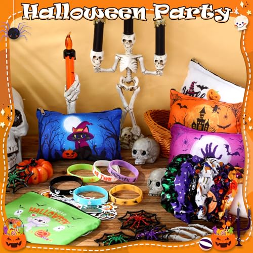 Capoda 86 Pcs Halloween Party Set Horror Gifts Bulk Include 12 Makeup Bags 12 Silicone Bracelets 12 Hair Scrunchies 50 Stickers for Women Classroom Office Birthday Party Supplies