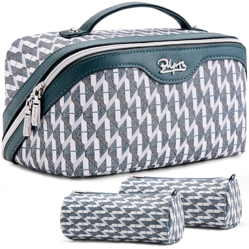 BOYATU Travel Makeup Bags for Women: Large Capacity Cosmetic Bag Set of 3 - Vegan Leather Make up Bags with Compartments - Wide Open Waterproof Toiletry Organizer Bag with Handle (P-01-Royal blue)