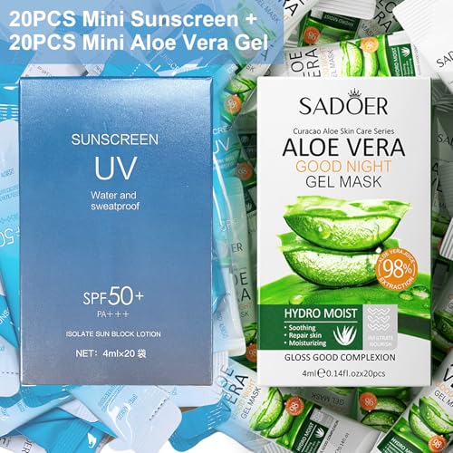 20PCS Mini Sunscreen & 20PCS Mini Aloe Vera Gel - Travel Size Bulk Sunscreen & Aloe Vera Gel (4ml Each), Lightweight & Non-Greasy & Hydrating, Perfect for Outdoor Party, Thank You Gifts, Daily Use