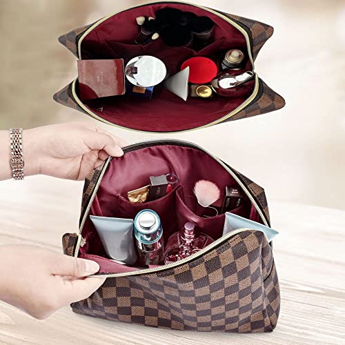 Makeup Bag,3 Pcs Brown Checkered Bags Set,Portable with Adjustable Partition,Large Capacity Pouch for Travel Cosmetic Organizer, Coin Purse, Waterproof, Toiletries,Designer for Gift,Checkered