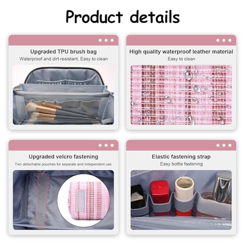 BOYATU Travel Makeup Bag for Women: Large Capacity Open Flat Make up Bag Set of 3 - Vegan Leather Cosmetic Bag with Compartments - Waterproof Toiletry Bag with Handle & Divider(I-1-Pink)
