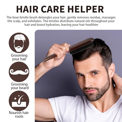 Boar Bristle Beard Brush for Men, Natural Bristle Beard Grooming Brush with Beech Wood Handle, Smooths Detangles Conditions Beards, Pocket Size 7.8x3.9 In