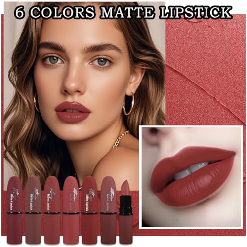 6Pcs Red Velvet Matte Lipstick Set, High Pigmented Long-Lasting Waterproof Lip Stick Lip,Moisturizing balms, Sheer tint, Shine & Glowy Finish,Stain Makeup Gift Sets.