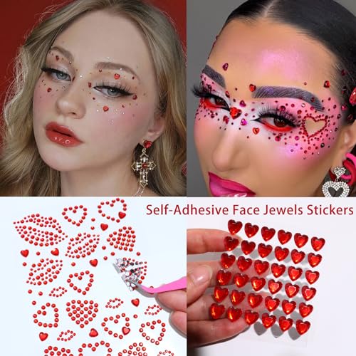 Red Heart Kiss Face Gems Self-Adhesive Rhinestone Red Lip Hair Gems Valentine's Day Face Jewels Stickers On for Rave Accessories Makeup Concerts