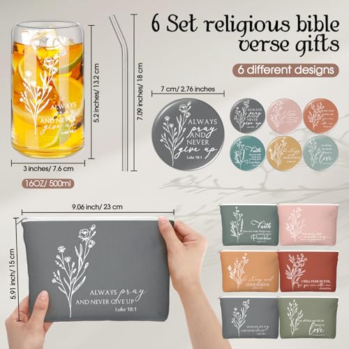 Fumete 6 Set Christian Gifts Bulk Religious Makeup Bag Bible Verse Glass Cup Mini Christian Compact Mirror Regalos Cristianos for Womens History Month Mothers Day Birthday Church Gifts (Bright Colors)