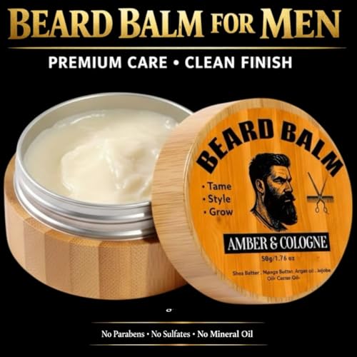 Beard Balm for Men, Cologne and Amber Scented natural ingredients beard butter with Castor oil, Shea Butter, Jojoba Oil, Argan Oil.