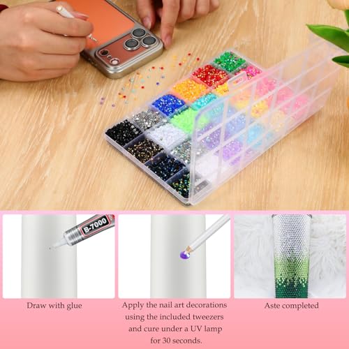 3mm Colorful DIY Resin Rhinestone Kit for Bedazzling, Multicolor Flatback Gems, 3Pcs 10ml B7000 Jewelry Glue for Bedazzled Nail Art Clothing Shoes Nail Book Diamond Art (24000)