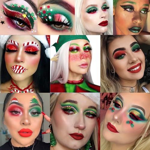 Afflano Green Eyeshadow Palette Christmas Makeup Gift, Multichrome Red Green Eyeshadow Palette High Pigmented, Emerald Forest Glitter green Eye Shadow White Black Lime Teal Blue Witch FX Xmas Makeup