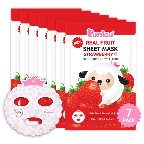 Puttisu Real Fruit Facial Mask Sheet for Kids, Children - Made with 100% Cotton, Moisturize, Sooths and Hydrates Skin (Strawberry- Pack of 7)