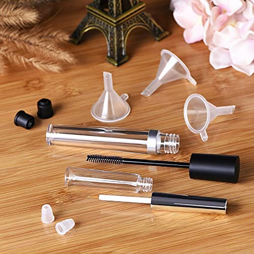 Empty Eyelash Mascara Tube and Eyeliner Wand, 8ml Mascara Tube Wand Eyelash Container Bottle, 7ml Empty and Eyeliner Tubes Transparent 4 Packs with Rubber Inserts, Funnels for DIY Castor Oil