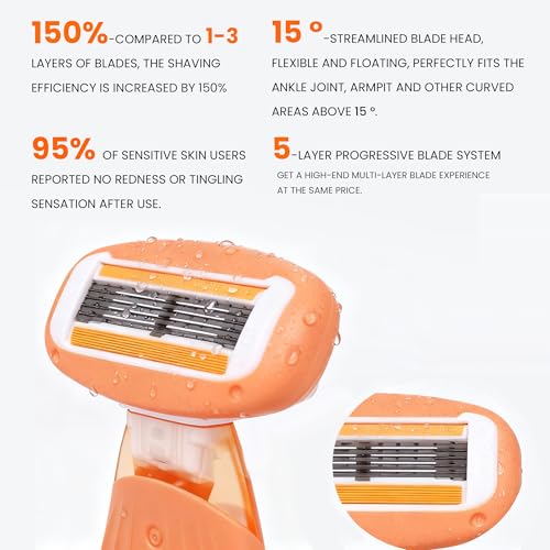 Women's Travel Razor with Lubricating Strip ? 5-Blade Compact Shaver for Sensitive Skin, Includes 1 Handle + 2 Cartridges & Protective Case, Orange