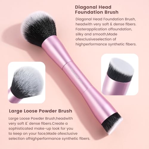MAANGE 20 PCS Makeup Brush Set with Bag, Double-ended Kabuki Brush Foundation Contour Brush for Liquid Powder Concealer Eye Shadows Cream Cosmetics Blending Blush Face Makeup Tools with Case (Pink)